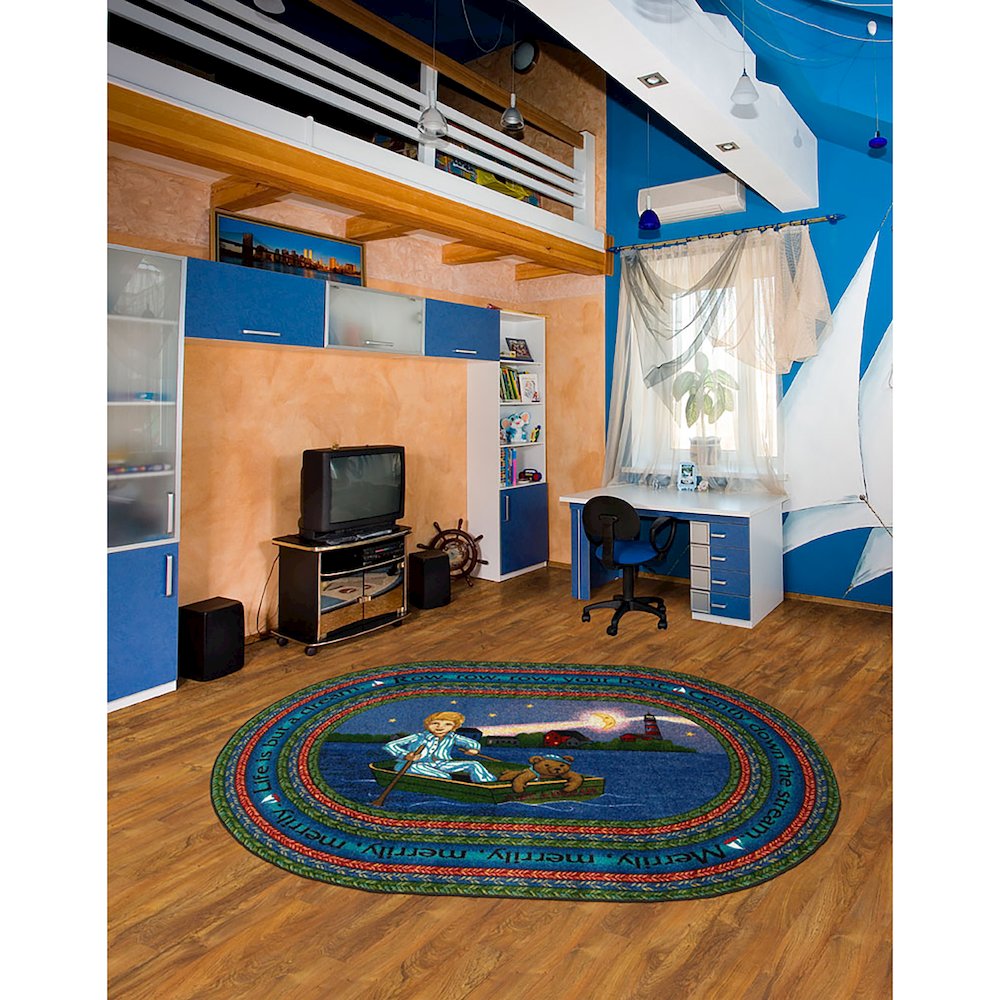 Kid Essentials AlphaScript 7'7" Round Area Rug in Color Blue. Picture 1
