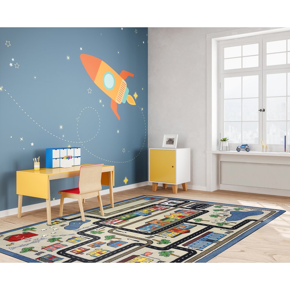 Kid Essentials Tiny Town 5'4" x 7'8" Area Rug in Color Pewter. Picture 2