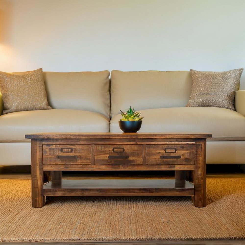 48-Inch Gray Coffee Table with Three Drawers, Acacia and MDF Construction. Picture 9