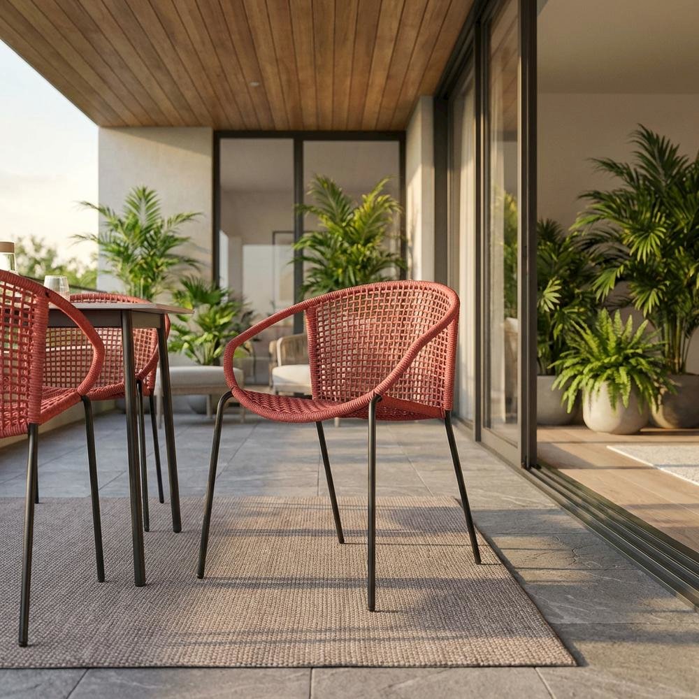 Stackable Steel Dining Chair With Brick Red Rope, Uv Resistant Outdoor Seating. Picture 2