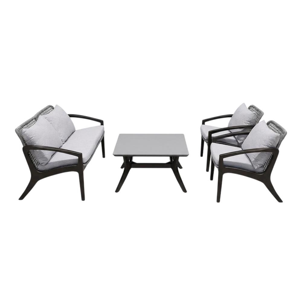 Outdoor Sofa In Dark Eucalyptus Wood And Gray Rope With White Cushions. Picture 1