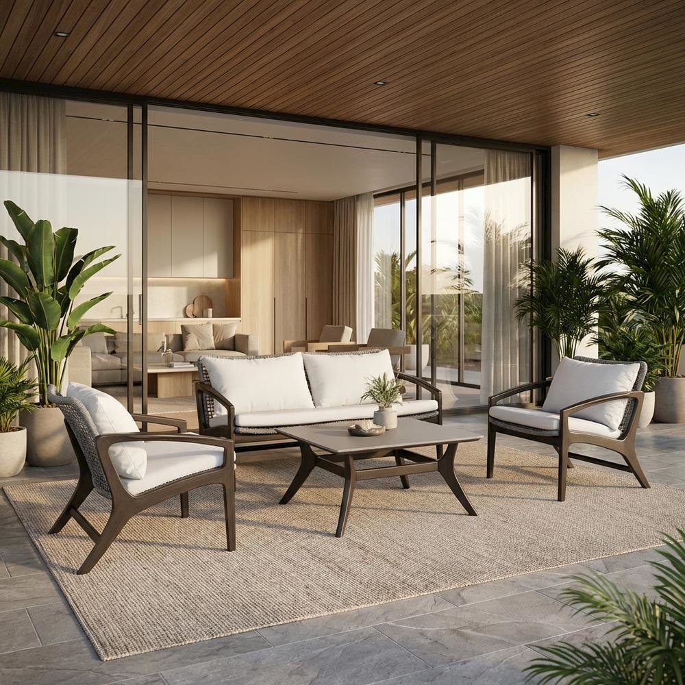 Outdoor Sofa In Dark Eucalyptus Wood And Gray Rope With White Cushions. Picture 2