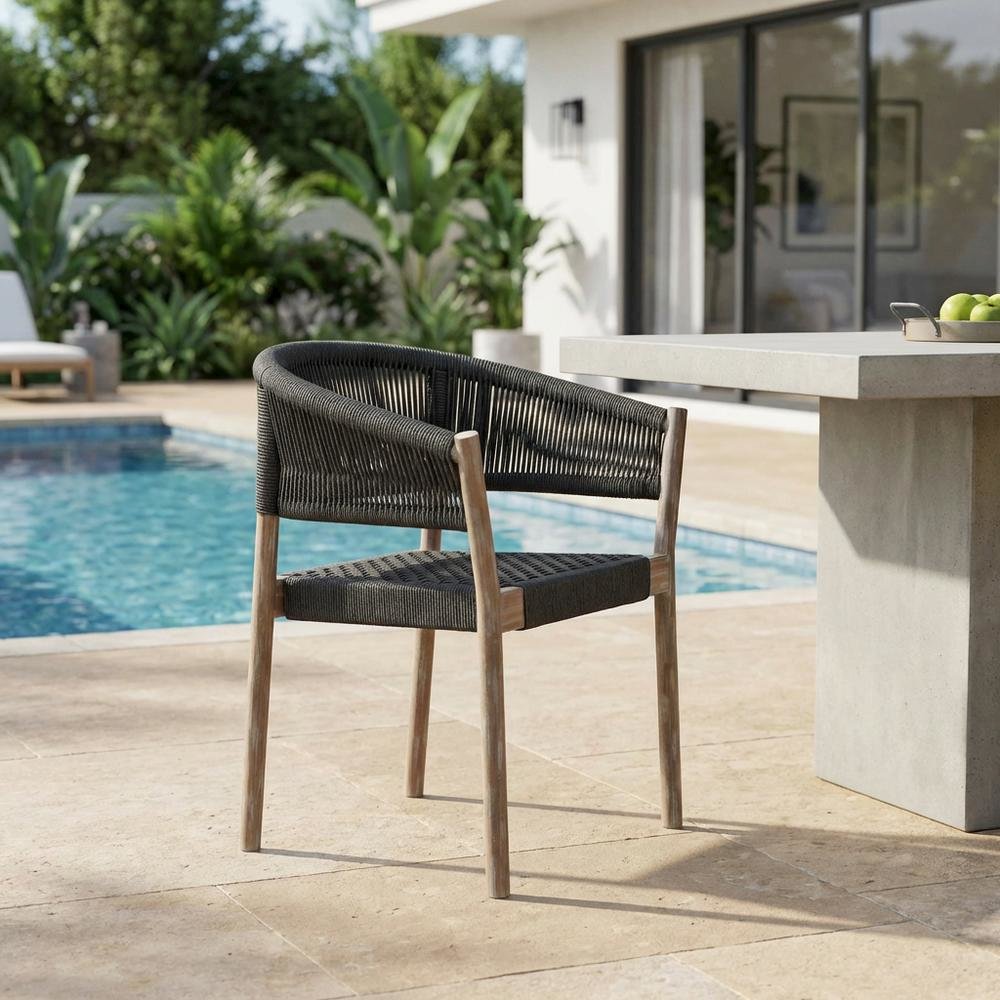Light Eucalyptus Outdoor Dining Chair Set With Charcoal Rope And Armrests. Picture 3