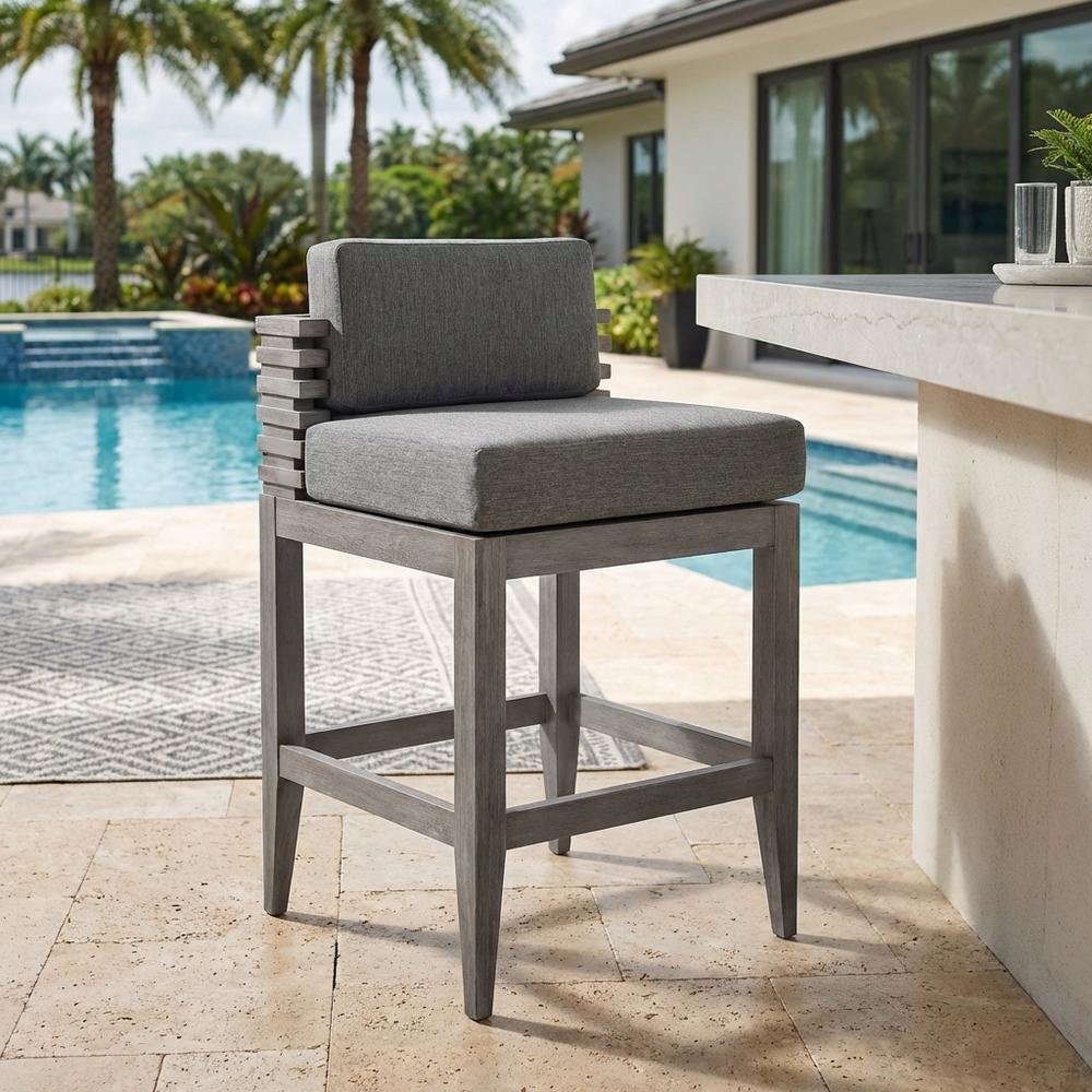 Gray Eucalyptus Wood Outdoor Patio Counter Stool With Cushions. Picture 3