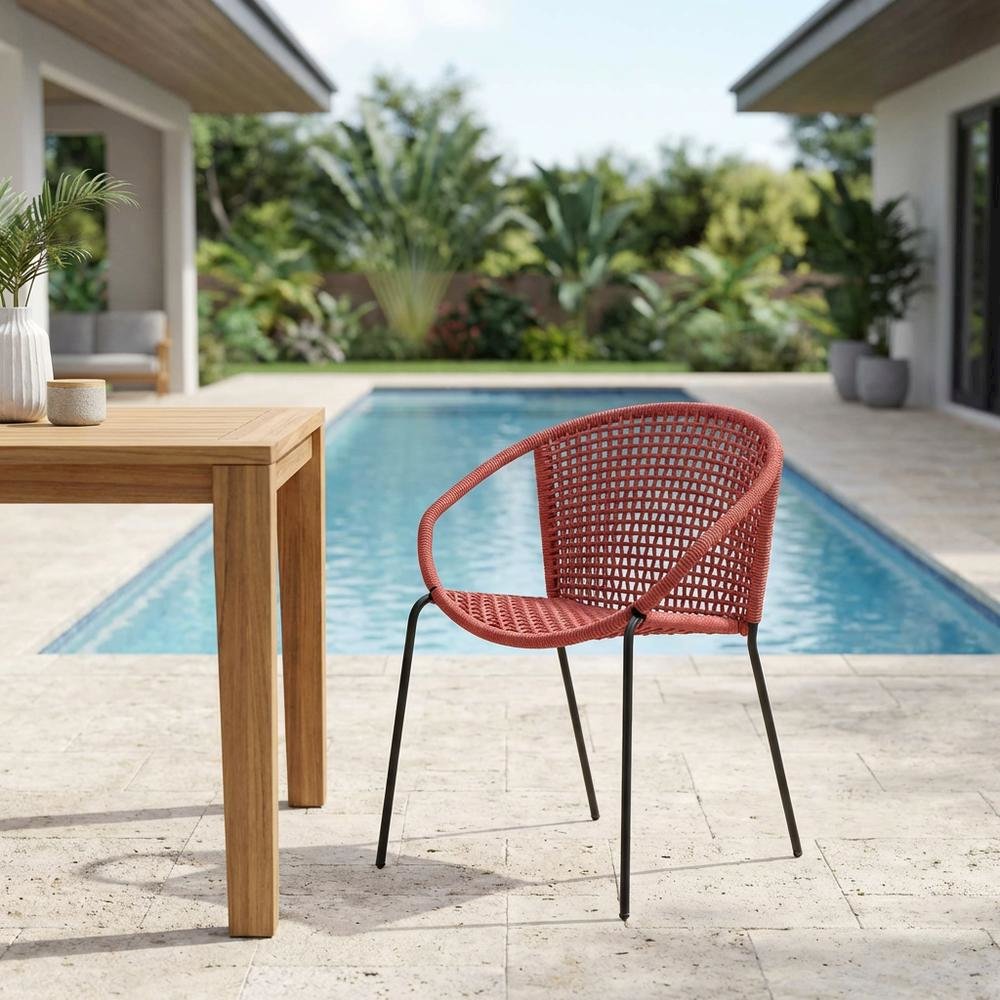 Stackable Steel Dining Chair With Brick Red Rope, Uv Resistant Outdoor Seating. Picture 3