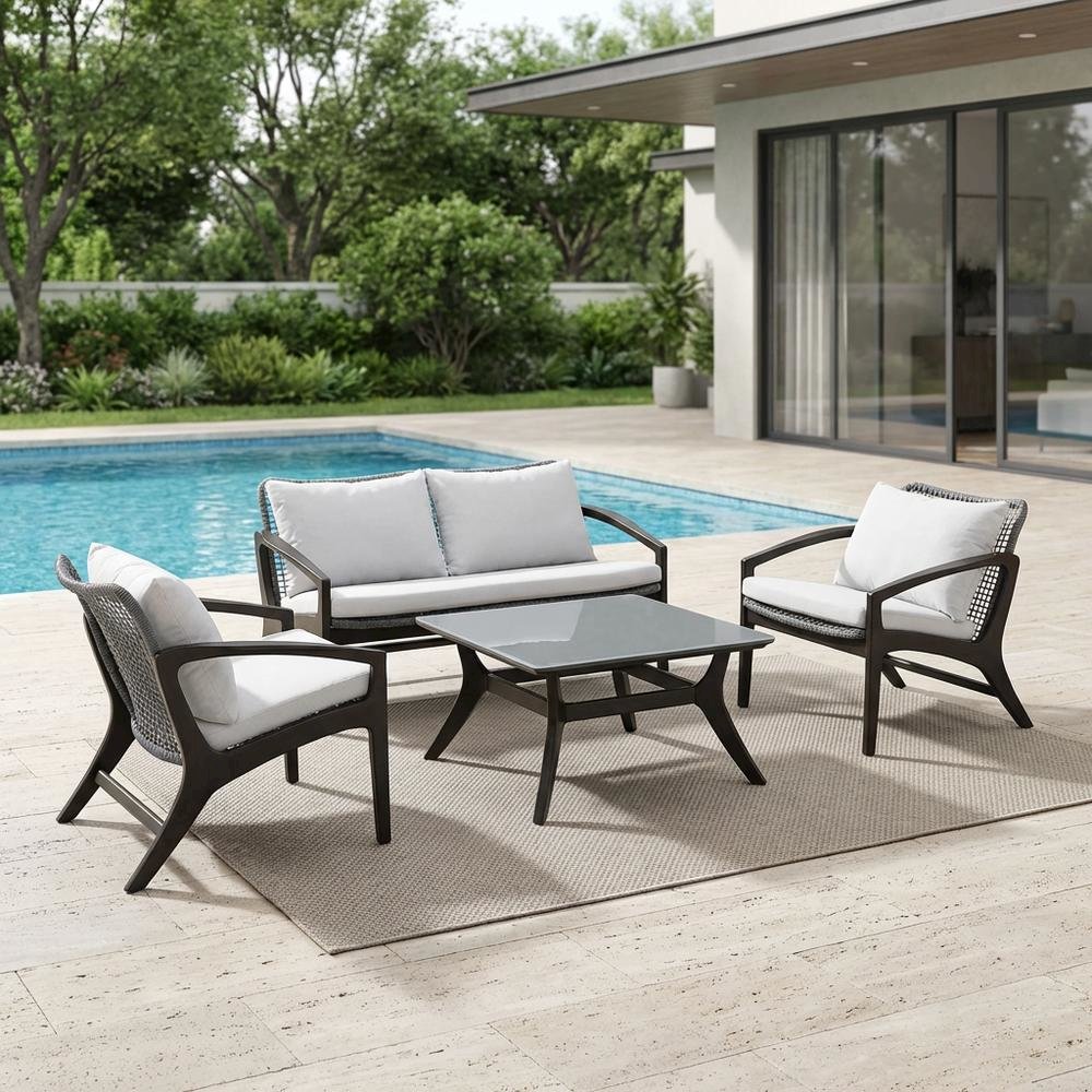 Outdoor Sofa In Dark Eucalyptus Wood And Gray Rope With White Cushions. Picture 3