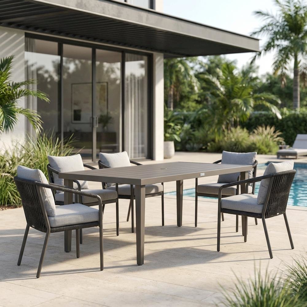 Gray Outdoor Aluminum Rectangular Dining Table, Durable Design, Spacious Surface. Picture 3