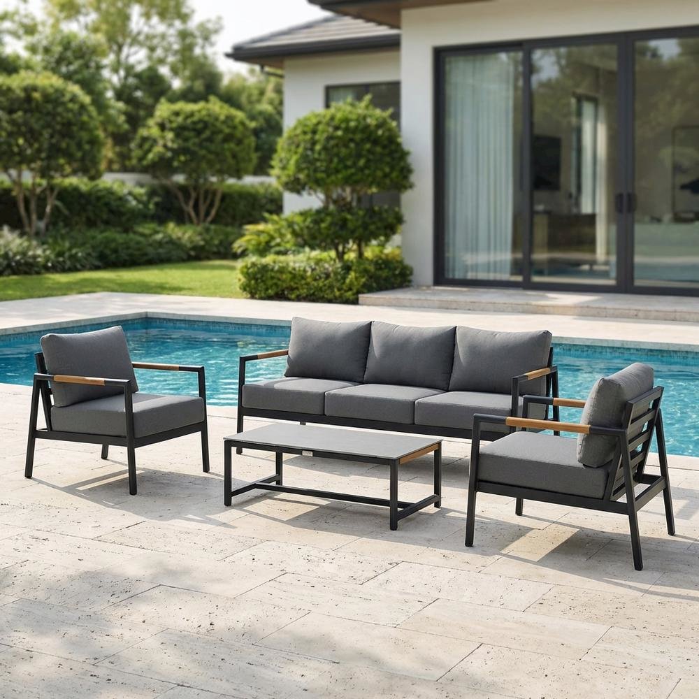 Outdoor Sofa In Black, Dark Gray, Aluminum Frame, Teak Accents, Patio Lounging. Picture 3