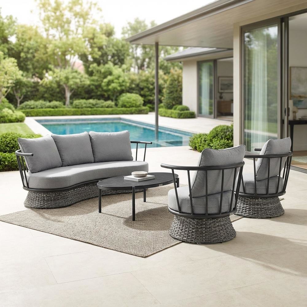 Dark Gray And Black Wicker Aluminum Outdoor Sofa With Water-Resistant Fabric. Picture 3