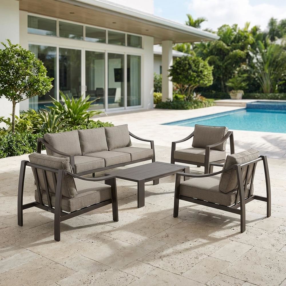 Brown Outdoor Sofa With Aluminum Frame, Water Resistant, Modern Design. Picture 3