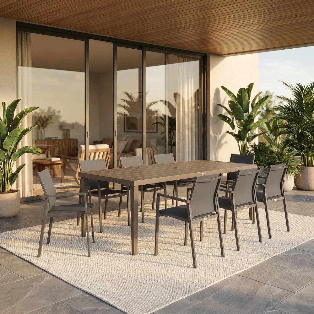 Gray Outdoor Aluminum Rectangular Dining Table, Durable Design, Spacious Surface. Picture 2