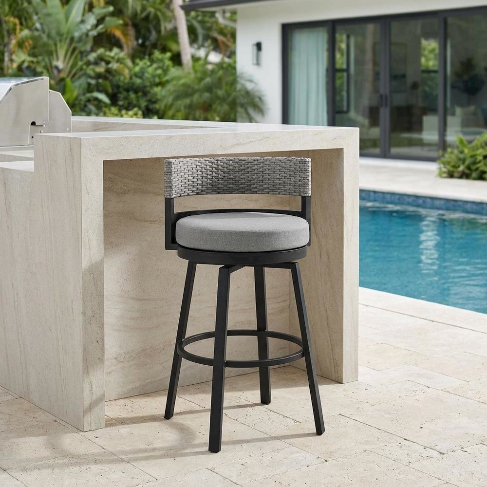 Outdoor Patio Counter Height Swivel Bar Stool, Aluminum, Dark Grey Cushions. Picture 3