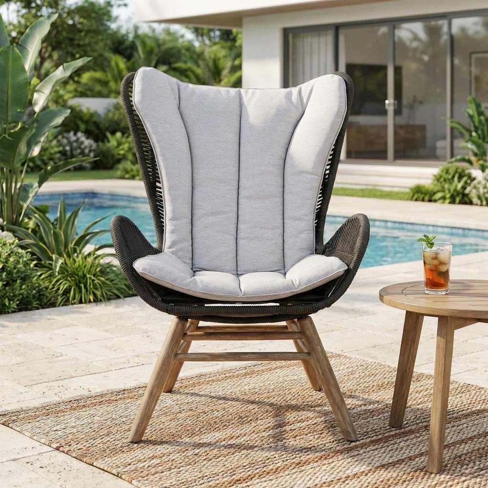 Light Eucalyptus Wood Outdoor Lounge Chair With Truffle Rope And Gray Cushion. Picture 3