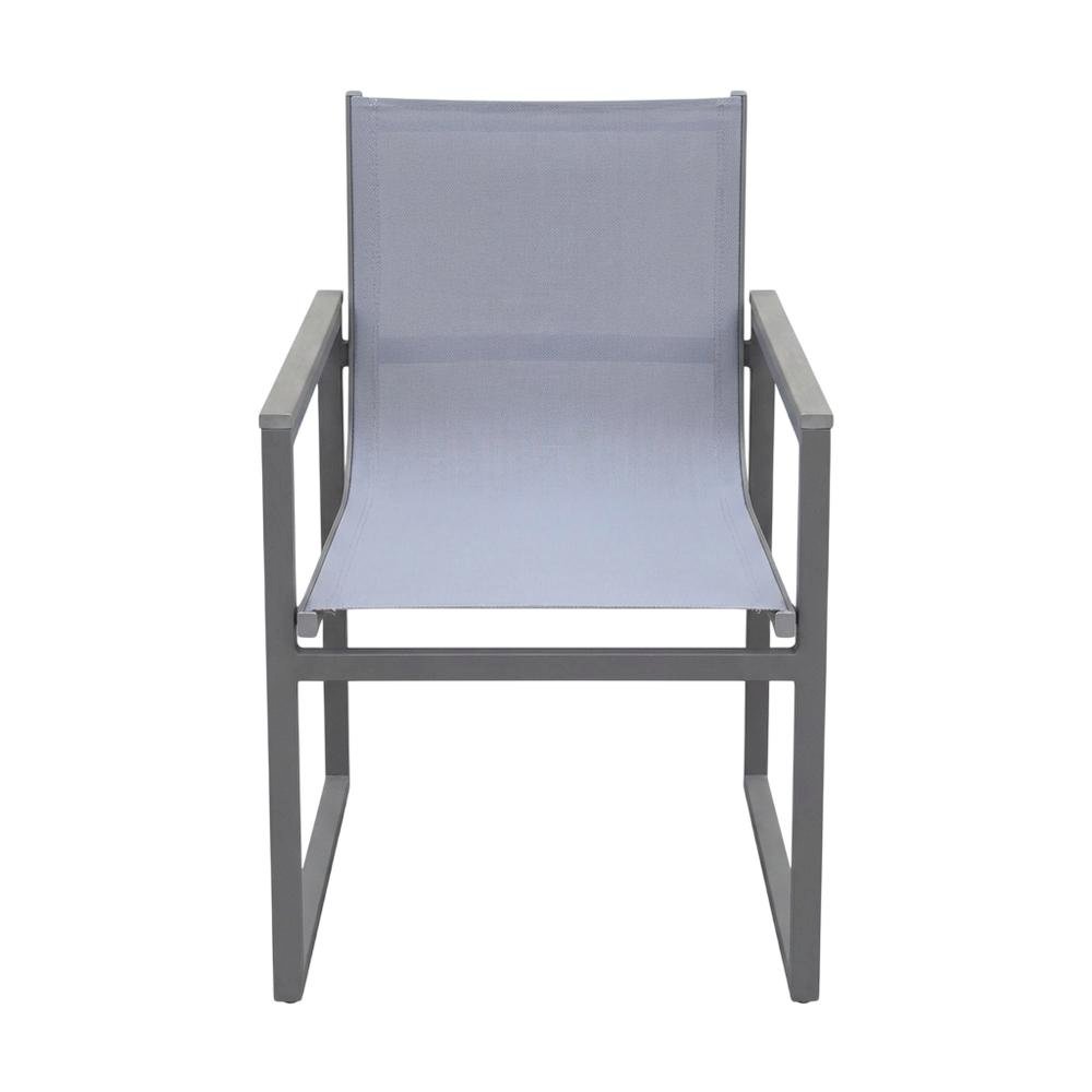Gray Outdoor Patio Dining Chair Set With Sling Textilene And Wood Accents. Picture 4