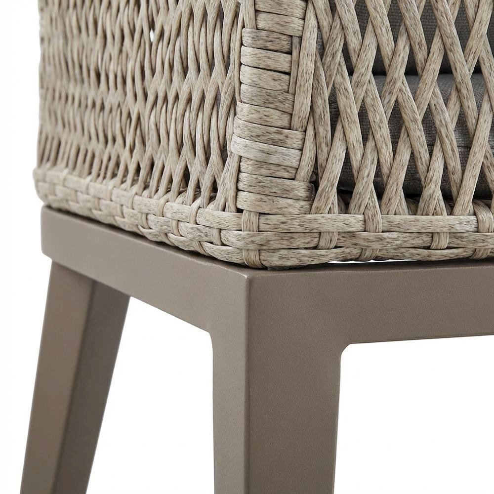Gray Wicker And Aluminum Outdoor Dining Chairs With Beige Cushions, Set Of 2. Picture 6