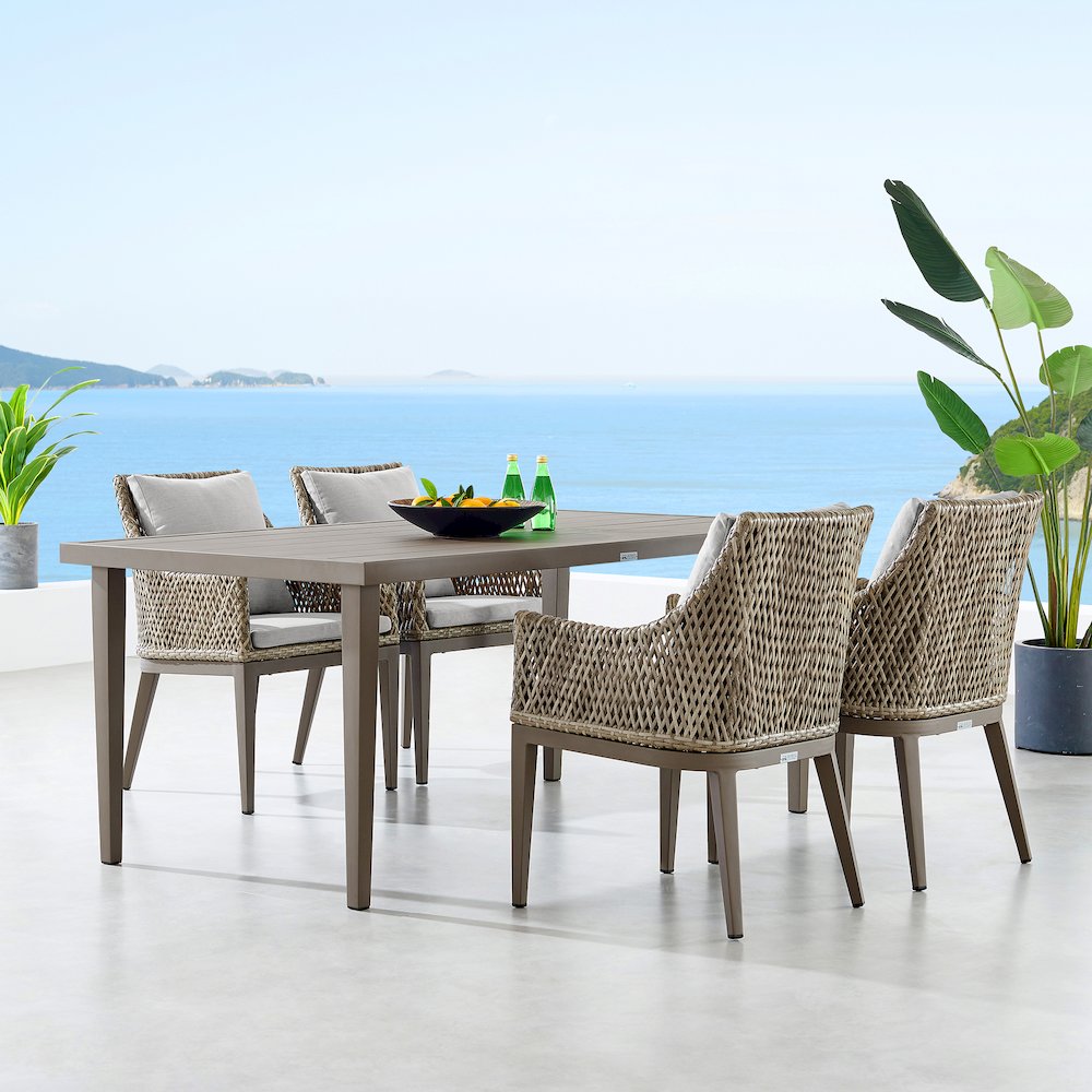 Outdoor Wicker and Aluminum Gray Dining Chair with Beige Cushions - Set of 2. Picture 10