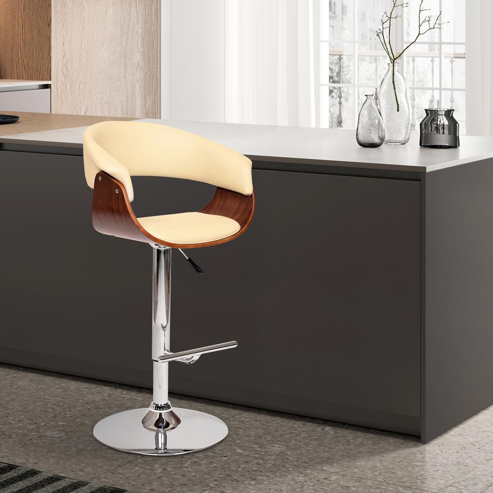 Armen Living Paris Swivel Barstool In Cream PU/ Walnut Veneer and Chrome Base. Picture 5