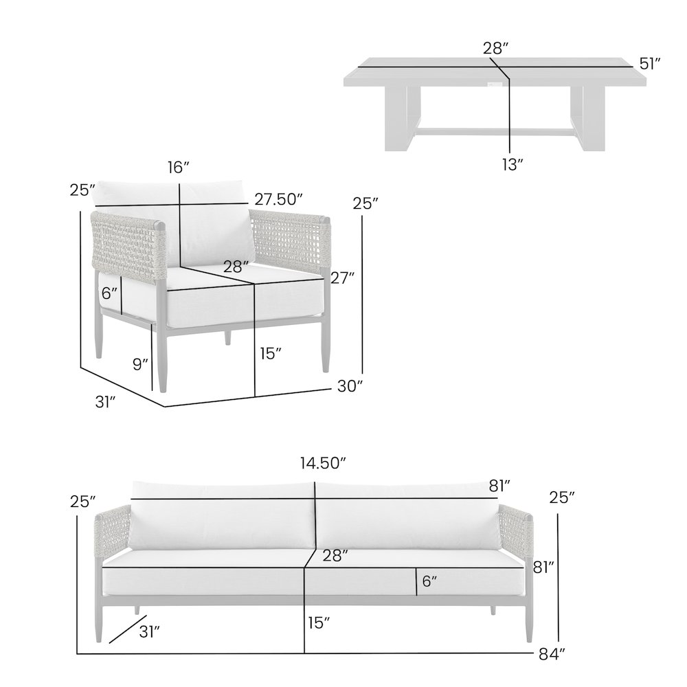 Alegria Aluminum and Rope Outdoor Sofa in Black and Gray. Picture 4