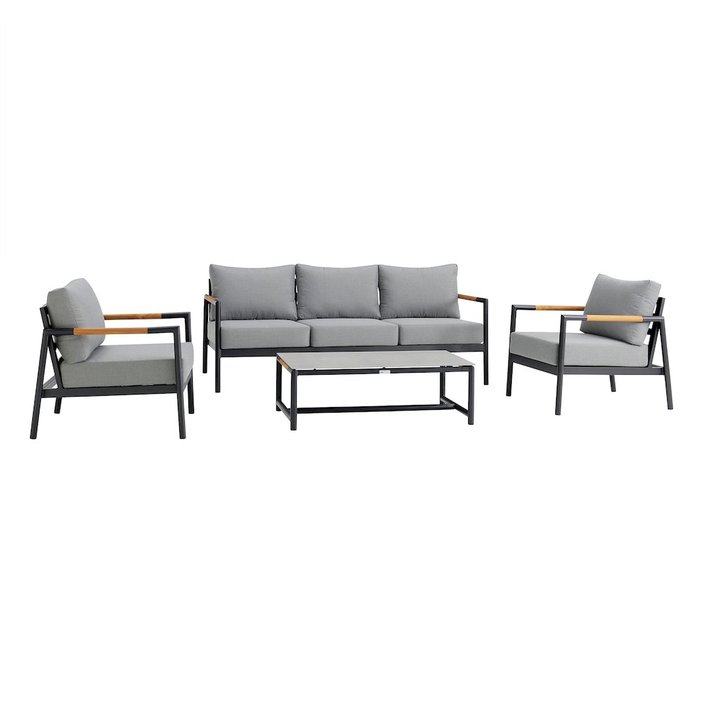 Crown Aluminum and Teak Wood Outdoor Sofa in Black and Dark Gray. Picture 1