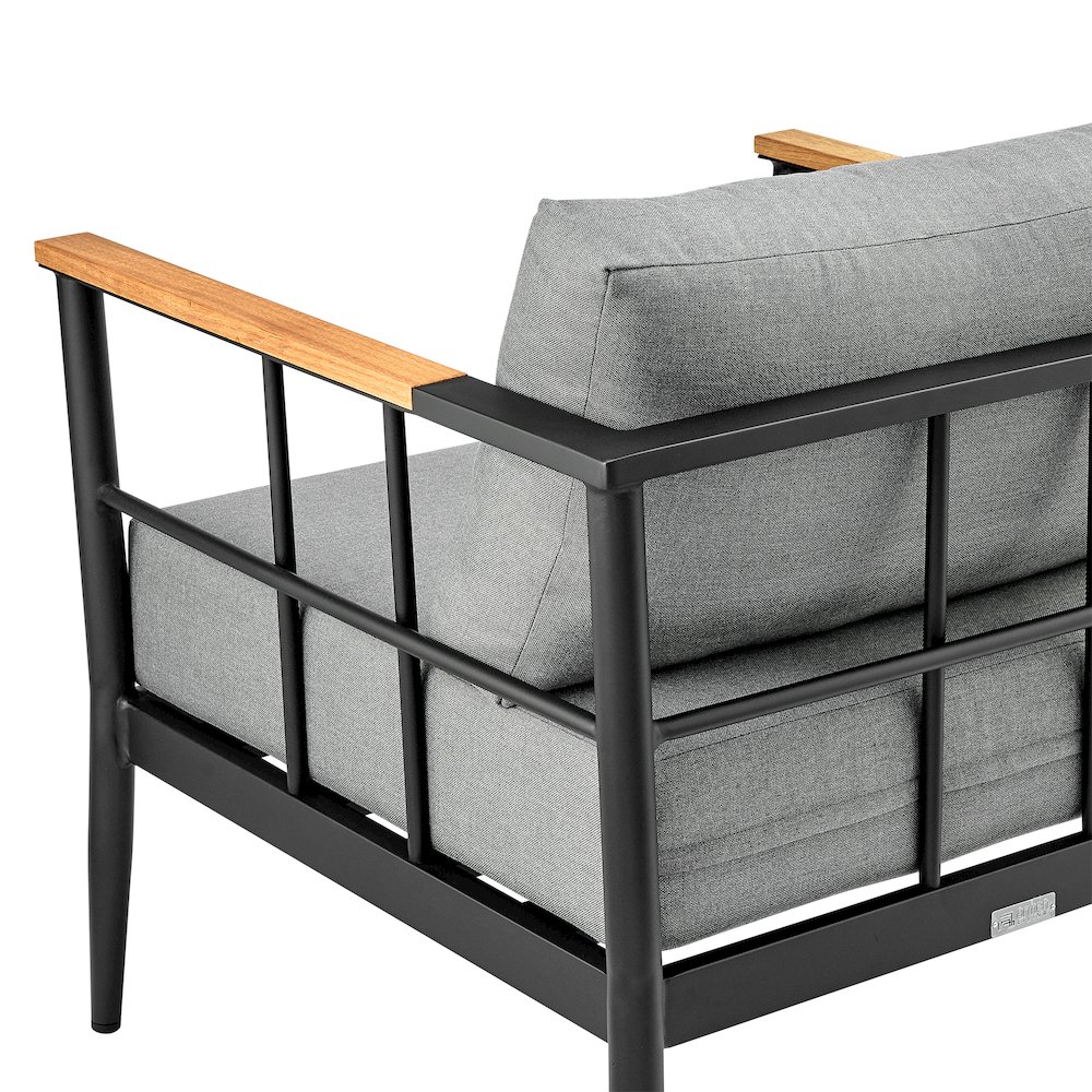 Veyda Aluminum and Teak Wood Outdoor Sofa in Black and Dark Gray. Picture 4