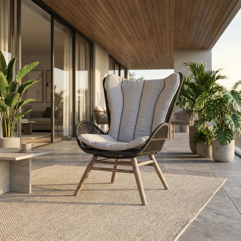 Light Eucalyptus Wood Outdoor Lounge Chair With Truffle Rope And Gray Cushion. Picture 2