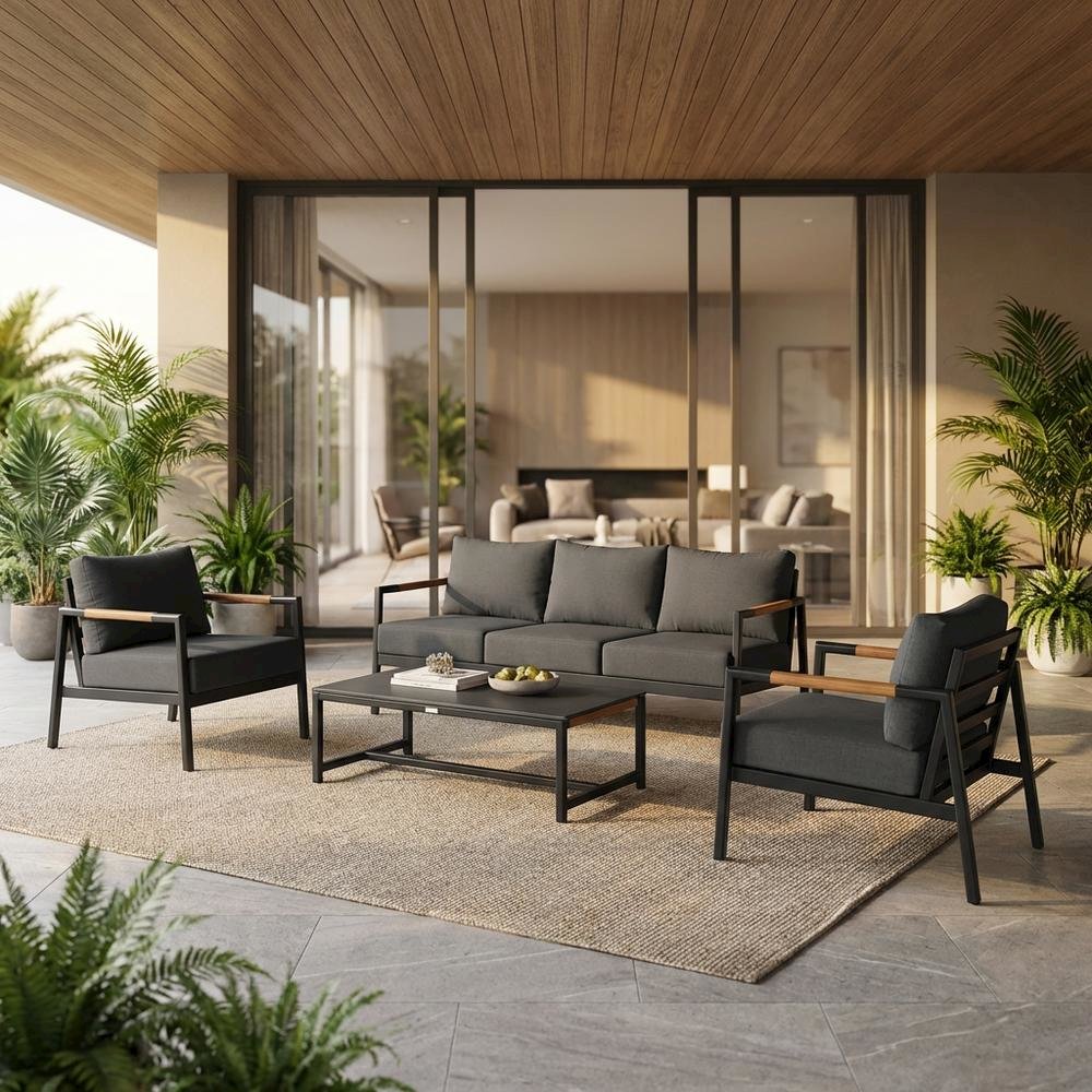Outdoor Sofa In Black, Dark Gray, Aluminum Frame, Teak Accents, Patio Lounging. Picture 2
