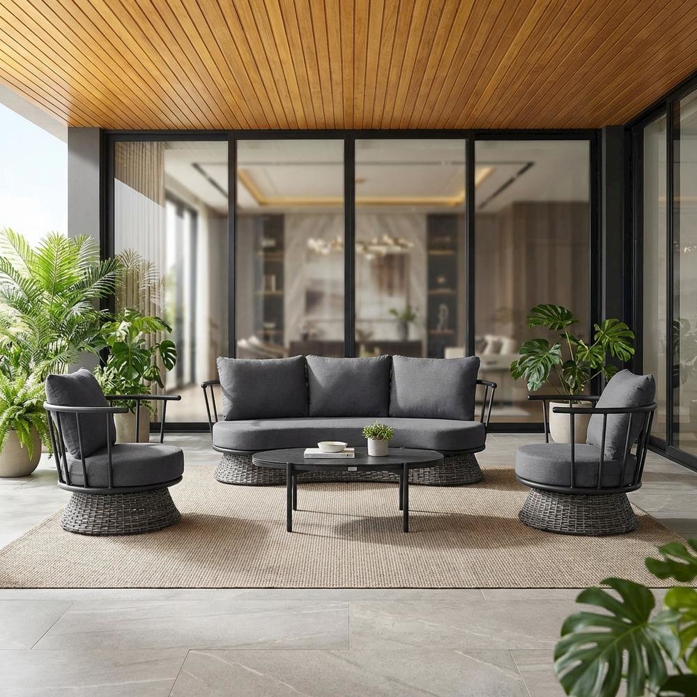 Dark Gray And Black Wicker Aluminum Outdoor Sofa With Water-Resistant Fabric. Picture 2