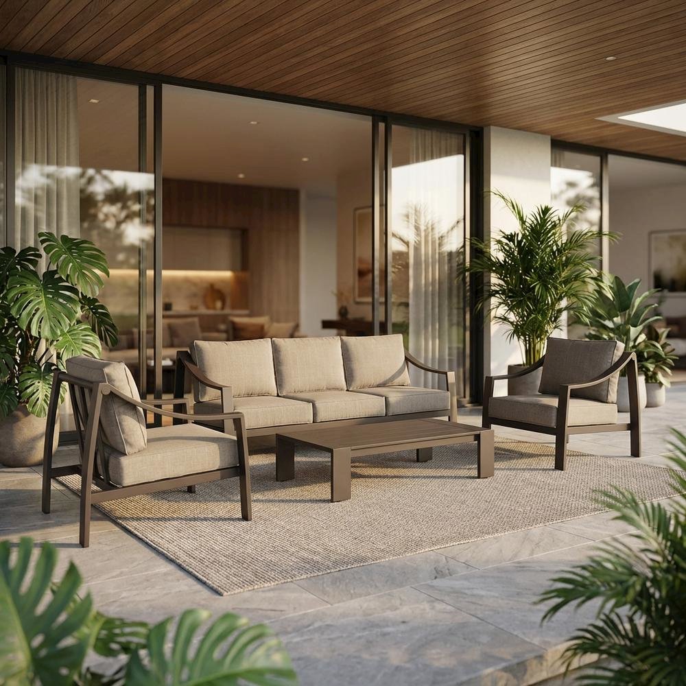 Brown Outdoor Sofa With Aluminum Frame, Water Resistant, Modern Design. Picture 2