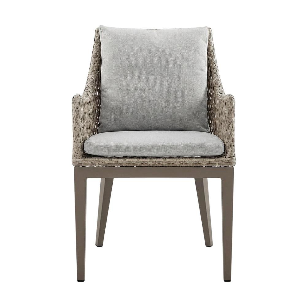 Gray Wicker And Aluminum Outdoor Dining Chairs With Beige Cushions, Set Of 2. Picture 4