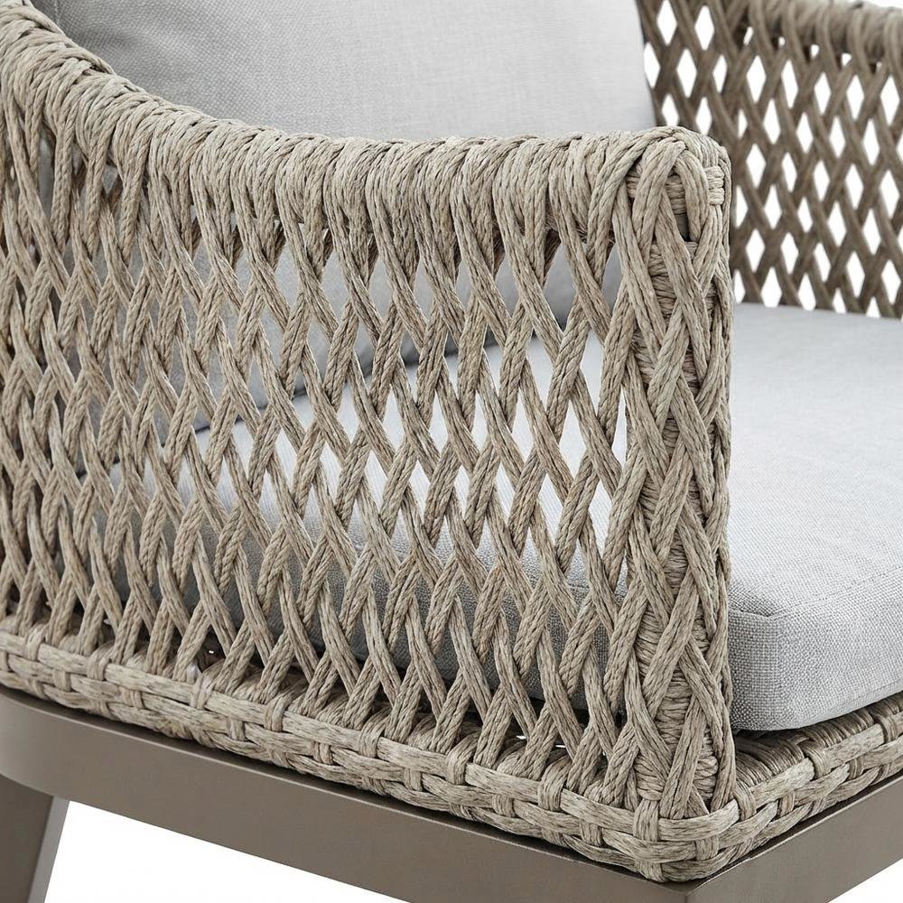 Gray Wicker And Aluminum Outdoor Dining Chairs With Beige Cushions, Set Of 2. Picture 5