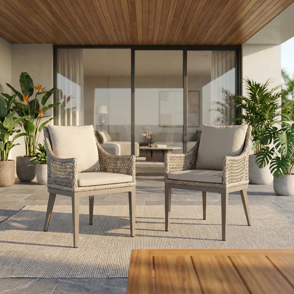 Gray Wicker And Aluminum Outdoor Dining Chairs With Beige Cushions, Set Of 2. Picture 2
