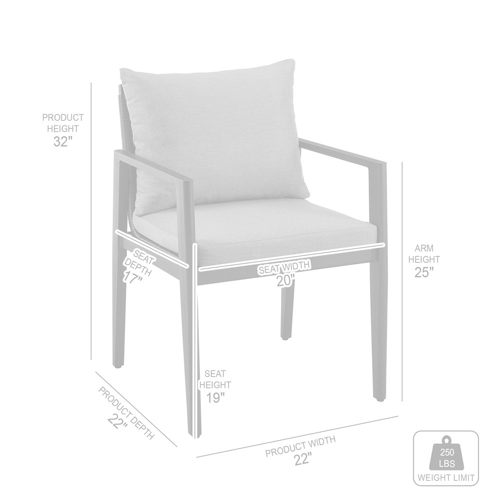 Outdoor Patio Dining Chairs with Arms in Aluminum with Gray Cushions - Set of 2. Picture 12