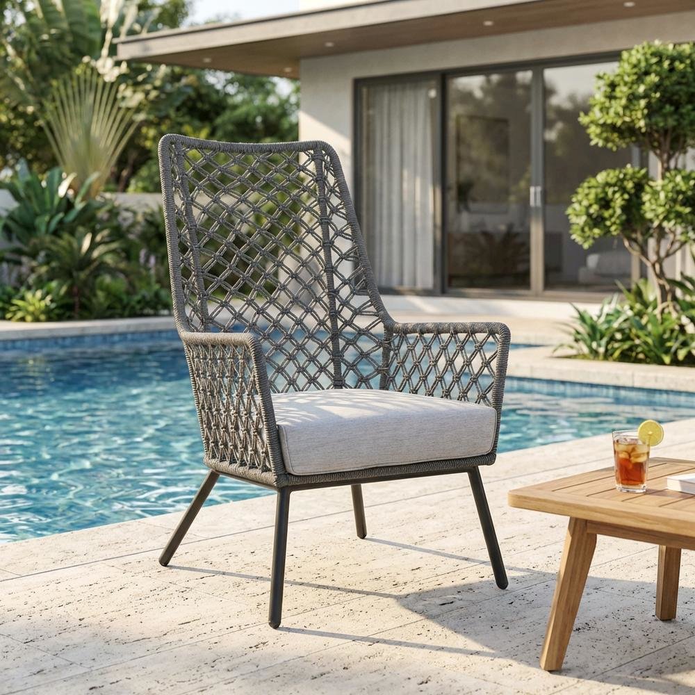 Gray Rope Indoor Outdoor Steel Lounge Chair, Cushioned Seat, Uv Resistance. Picture 3