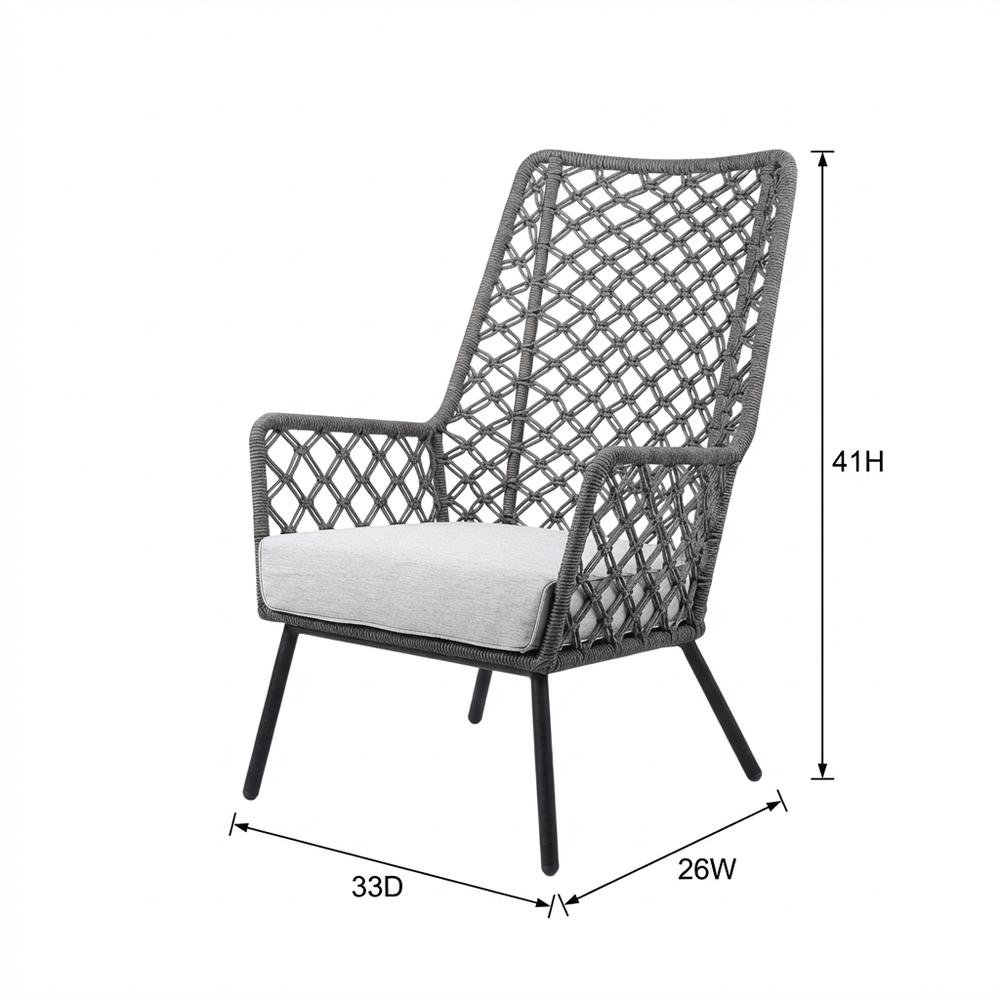 Gray Rope Indoor Outdoor Steel Lounge Chair, Cushioned Seat, Uv Resistance. Picture 7