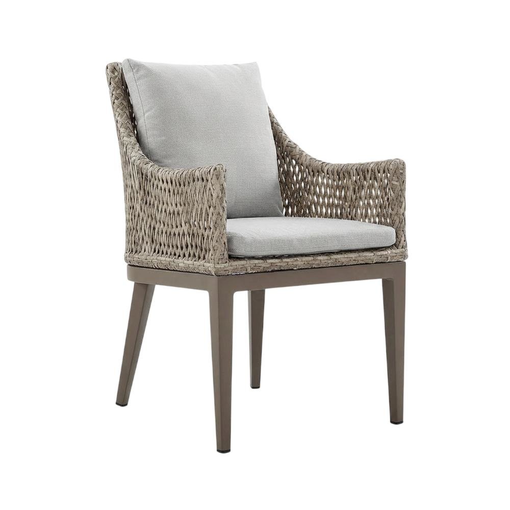 Gray Wicker And Aluminum Outdoor Dining Chairs With Beige Cushions, Set Of 2. Picture 1