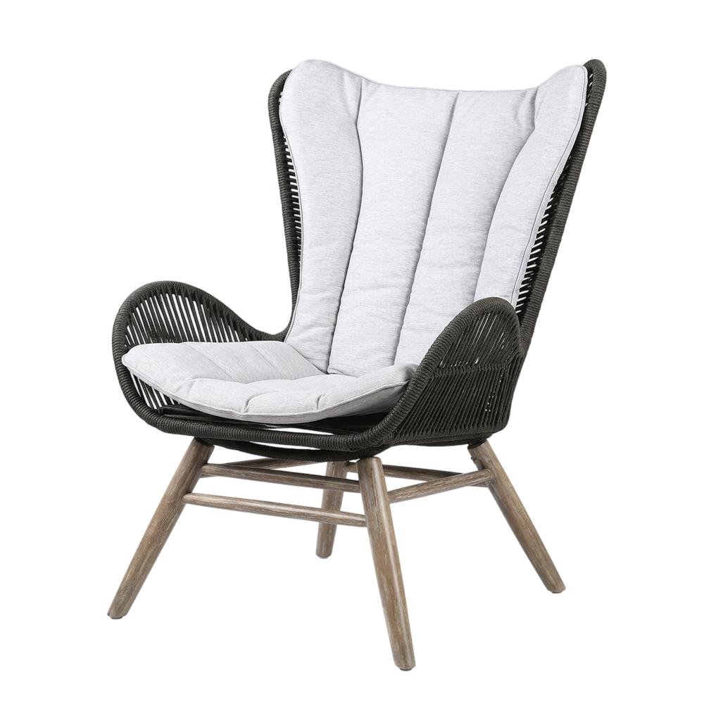 Light Eucalyptus Wood Outdoor Lounge Chair With Truffle Rope And Gray Cushion. Picture 1