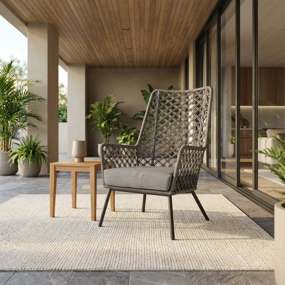 Gray Rope Indoor Outdoor Steel Lounge Chair, Cushioned Seat, Uv Resistance. Picture 2