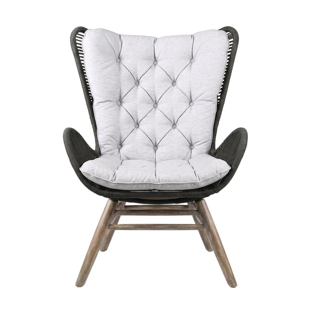Light Eucalyptus Wood Outdoor Lounge Chair With Truffle Rope And Gray Cushion. Picture 4