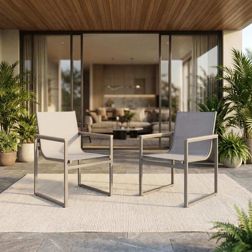 Gray Outdoor Patio Dining Chair Set With Sling Textilene And Wood Accents. Picture 2