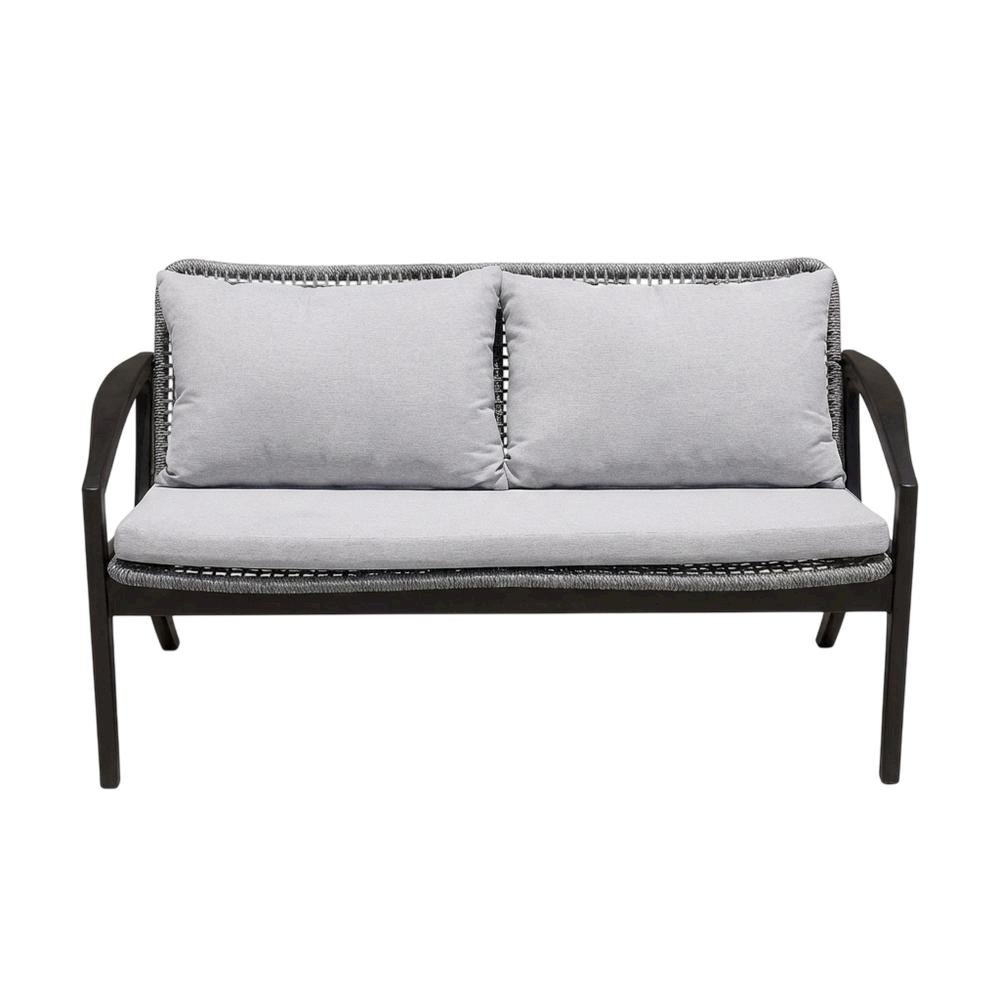 Outdoor Sofa In Dark Eucalyptus Wood And Gray Rope With White Cushions. Picture 4