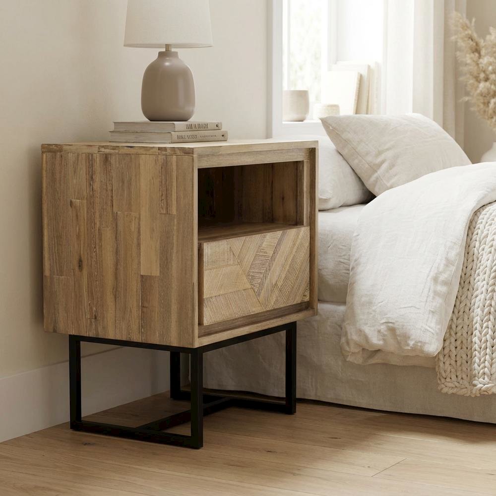 Acacia Wood Nightstand with 1 Drawer for Bedroom Storage. Picture 3