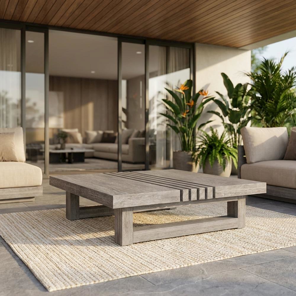 Gray Eucalyptus Outdoor Coffee Table With Modern Design, Solid Wood Construction. Picture 2