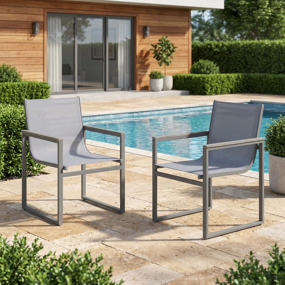 Gray Outdoor Patio Dining Chair Set With Sling Textilene And Wood Accents. Picture 3