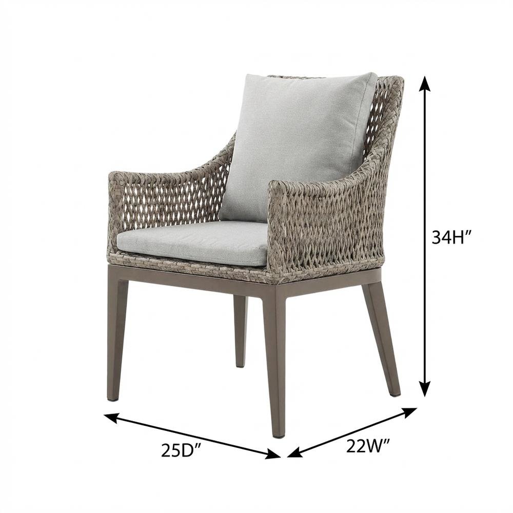 Gray Wicker And Aluminum Outdoor Dining Chairs With Beige Cushions, Set Of 2. Picture 7