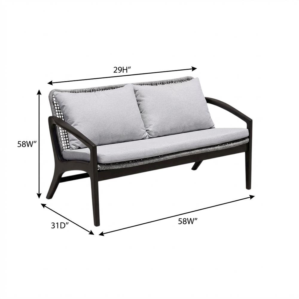 Outdoor Sofa In Dark Eucalyptus Wood And Gray Rope With White Cushions. Picture 7