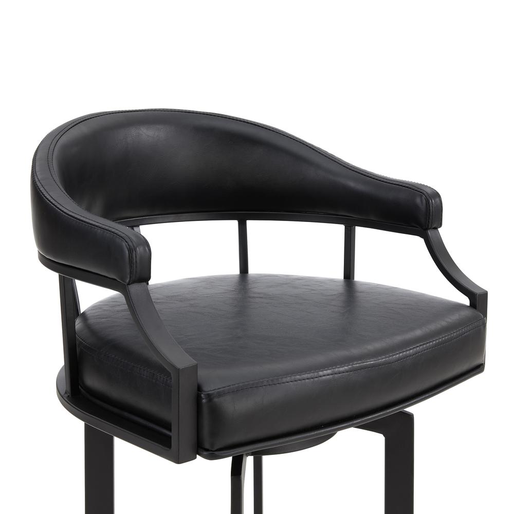 Pharaoh Swivel 30" Black Powder Coated and Black Faux Leather Metal Bar Stool. Picture 3