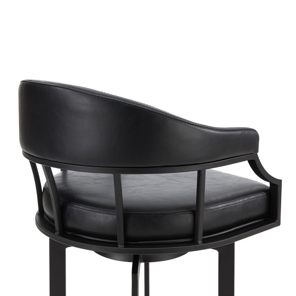 Pharaoh Swivel 30" Black Powder Coated and Black Faux Leather Metal Bar Stool. Picture 4