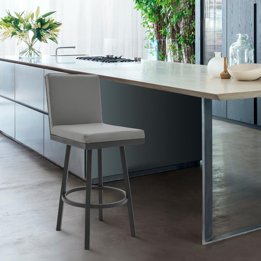 Rochester 30" Swivel Modern Black Metal and Grey Faux Leather Barstool. Picture 5