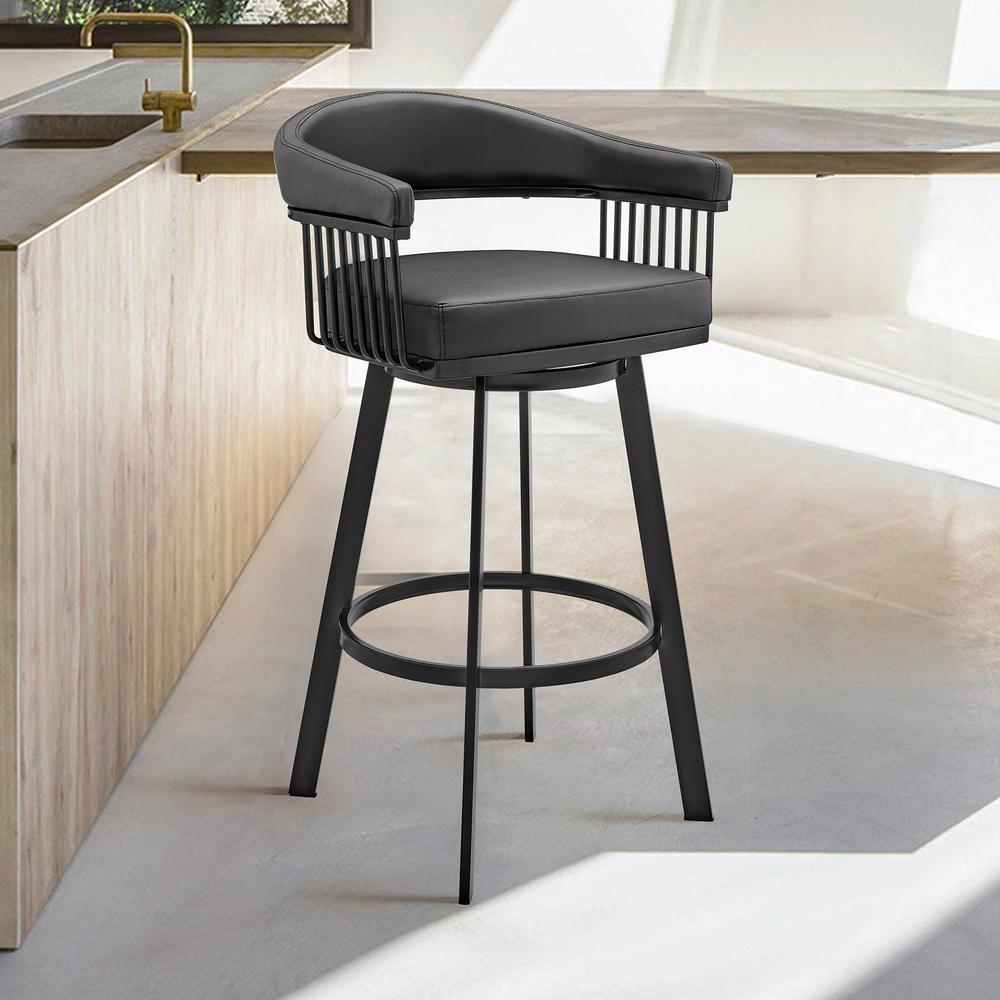 Bronson 29" Bar Height Swivel Bar Stool in Black Finish and Black Faux Leather. Picture 8