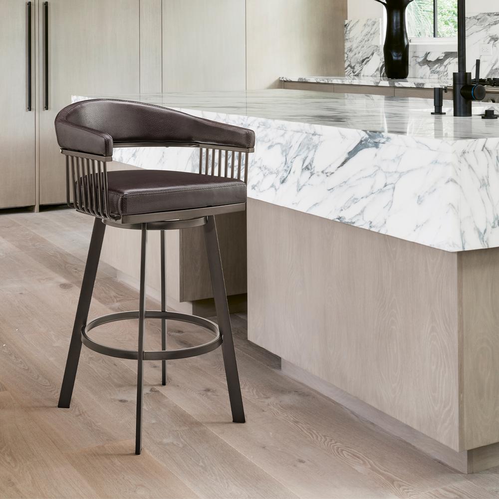 Chelsea 30" Bar Height Swivel Bar Stool in Java Brown Finish and Chocolate Faux Leather. Picture 9